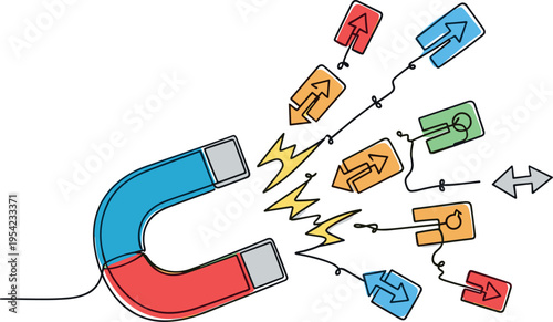 A colorful illustration of a magnet attracting email icons in a business setting