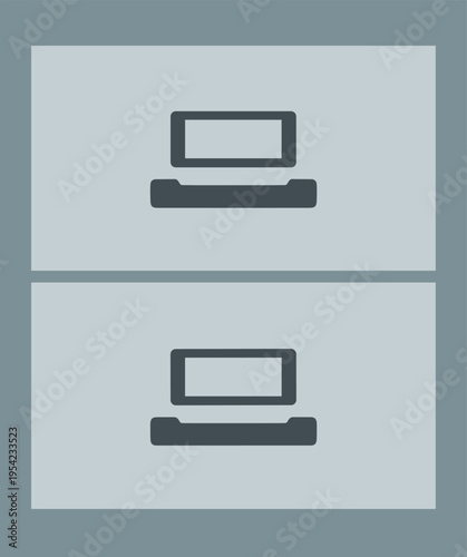 A gray filing cabinet with two drawers featuring laptop icons on each