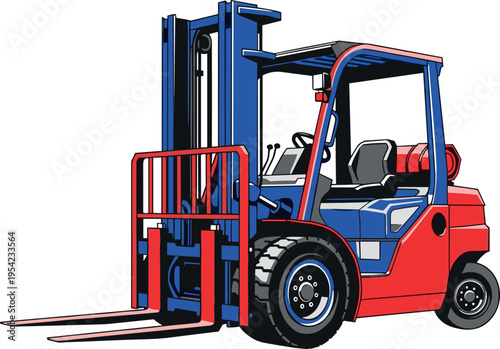 A blue and red forklift with a black roof and tires