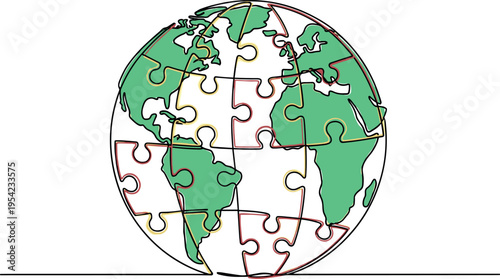 A puzzle globe with green continents and white oceans on a plain background