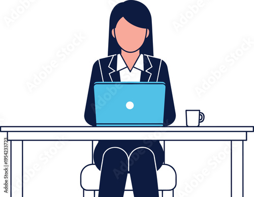 A professional woman works on her laptop at a desk in an office setting