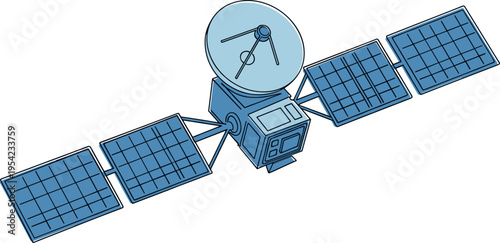 A blue satellite with solar panels and a large dish antenna