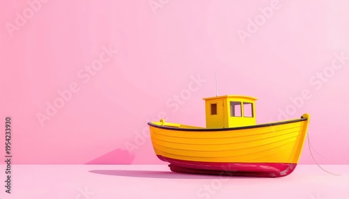 A bright yellow toy boat with a red bottom sits on a pink background.