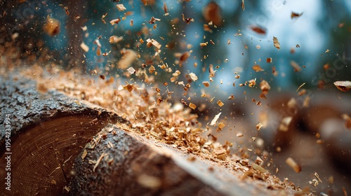 A close-up view of a log being cut with wood chips flying through the air