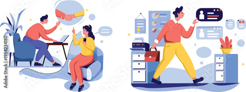 Modern professionals collaborating and transitioning between remote and office work environments