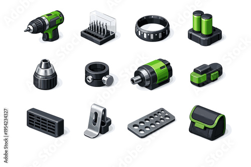 Workshop micro torque trigger icon tools chuck pouch vector drill sleeve motor