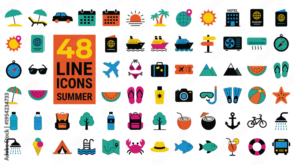 Fototapeta premium Vibrant summer vacation icons set for travel and leisure