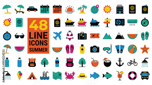 Vibrant summer vacation icons set for travel and leisure