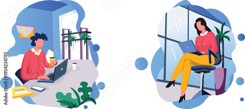 Two professionals working remotely in comfortable and well-lit environments.