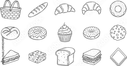 Collection of hand-drawn bakery and sandwich icons in a simple outline style