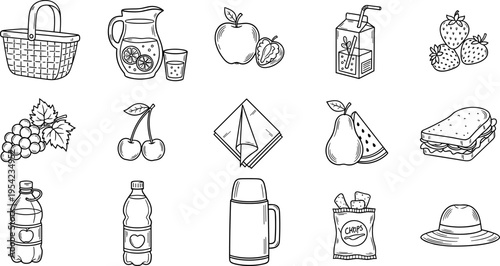 Collection of hand-drawn picnic food and accessories in a simple line art style