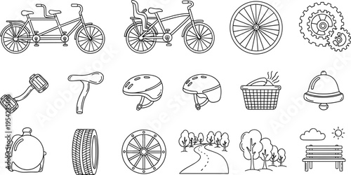 Collection of bicycle icons and related elements for cycling enthusiasts and outdoor activities