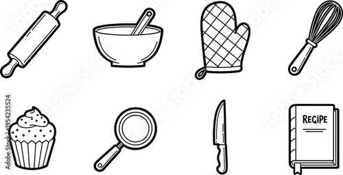 Baking and Kitchen Tool Icon Set — Rolling Pin, Mixing Bowl, Oven Glove, Cupcake, Knife, Whisk and Recipe Book Outline