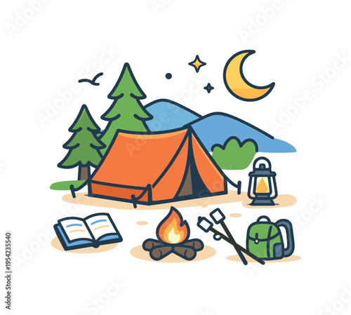 Seasonal outdoor recreation representing a peaceful summer camp setting where campers relax, learn, and explore wilderness surroundings, a camping tent with a small lantern and a
