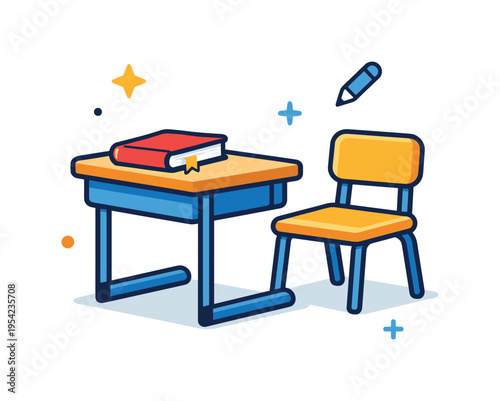 Back to school concept representing preparation for lessons and knowledge development in a school environment, a compact classroom desk with a chair beside it and a closed book on