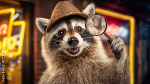 Cheerful Raccoon Detective Wearing Hat and Holding Magnifying Glass