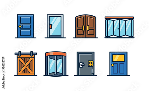 Architectural door styles: classic panel door, modern glass door, double entrance door, folding patio door, barn sliding door, revolving entrance door, security metal door, door