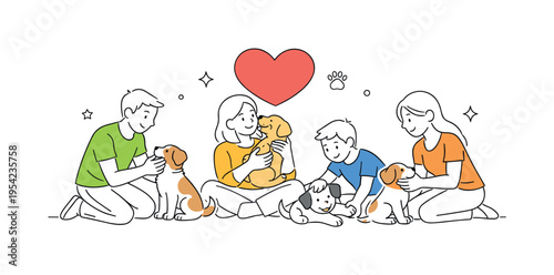 A pet adoption and responsible ownership scene highlighting the positive relationship between people and young dogs, using a small group of puppy characters and a single heart
