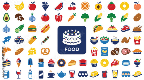 Variety of food icons and drink symbols for menu and kitchen designs