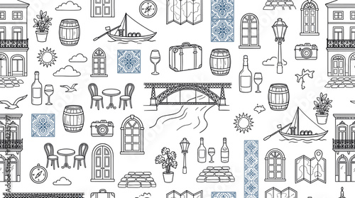 Porto travel and Portuguese lifestyle concept highlighting local culture, riverside views, and traditional elements associated with the city experience. Objects of bridge, river