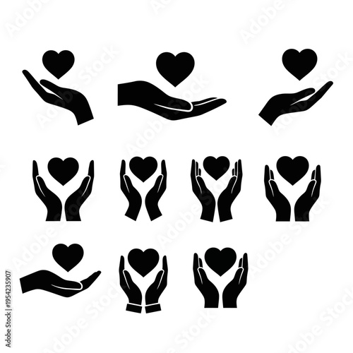 Collection of black silhouette icons representing hands holding and offering a heart, symbolizing love, care, and generosity