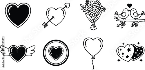 Bold Filled Love and Romance Icon Set — Solid Heart, Arrow Heart, Flower Bouquet, Love Birds and Star Heart Flat Design