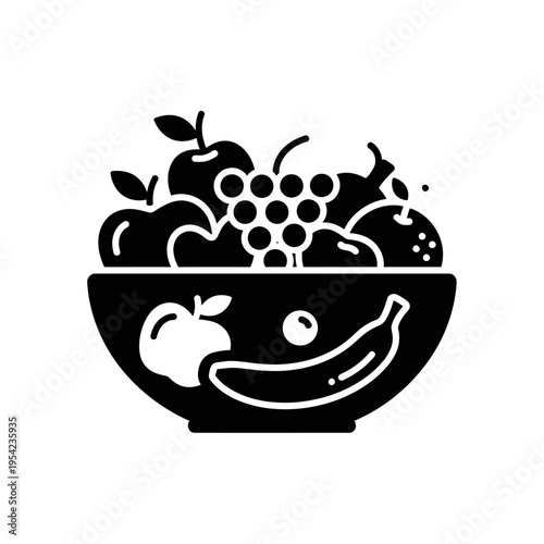 Fresh Fruit Bowl Glyph Icon A Healthy and Delicious Assortment of Apples, Bananas, and Grapes in a Simple Black Silhouette