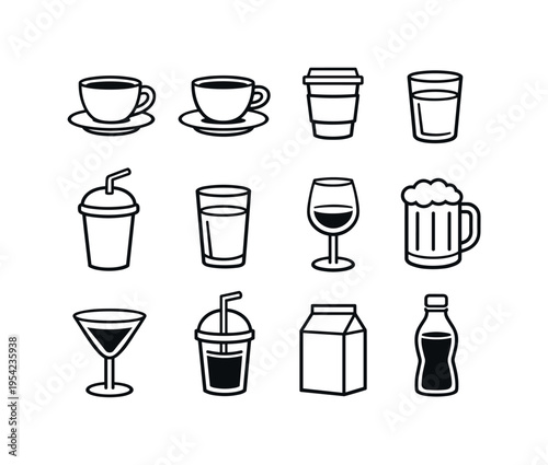 Beverages set: coffee cup, tea cup, takeaway coffee cup, glass of water, soda cup with straw, juice glass, wine glass, beer mug, cocktail glass, smoothie cup, milk carton, bottle