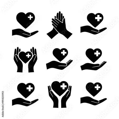 Diverse black silhouette icons featuring hands gently cradling hearts adorned with medical crosses, symbolizing compassion, healthcare support, and charitable giving initiatives