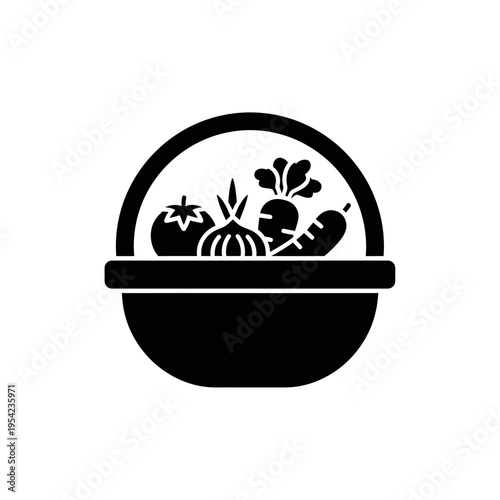 Black silhouette icon of a basket brimming with various organic vegetables, representing nutritious food, healthy lifestyle, and garden bounty