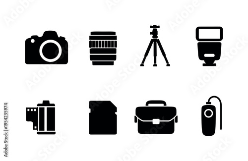 Photography equipment icons: DSLR camera body, camera lens, tripod stand, camera flash unit, camera film roll, camera memory card, camera bag case, remote shutter trigger
