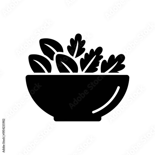 Minimalist black silhouette vector icon of a fresh, healthy salad bowl filled with leafy greens, representing nutritious eating and a vegan lifestyle choice