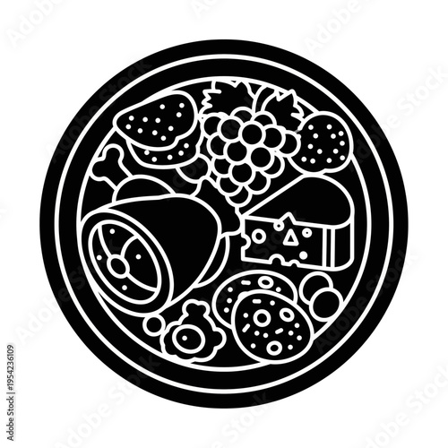 A circular graphic icon depicting a culinary arrangement of cured meats, cheeses, and fruits, presented in a top-down view