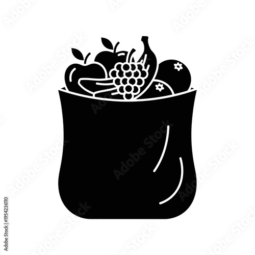 A black silhouette icon depicting a full grocery bag overflowing with various fresh fruits, symbolizing healthy eating and shopping