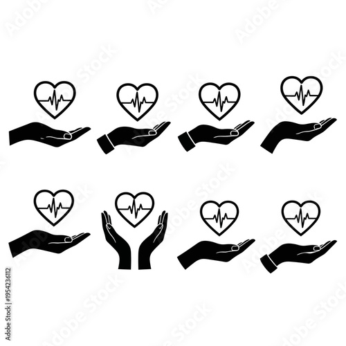 Diverse Set of Hand Holding Heartbeat Glyph Icons Illustrating Vitality, Compassion, and Healthcare Services in a Minimalist Vector Style