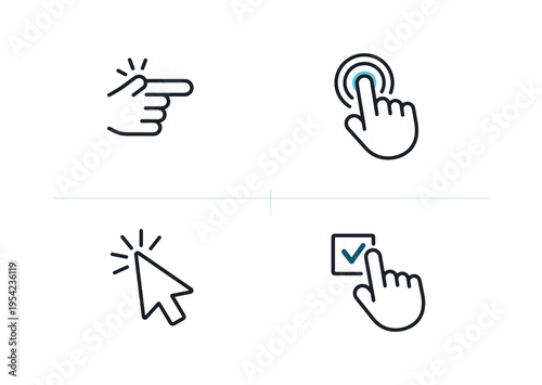 Clickable interface elements and digital interaction gestures illustrating how users activate buttons, links, and controls in web and mobile environments through simple pointer