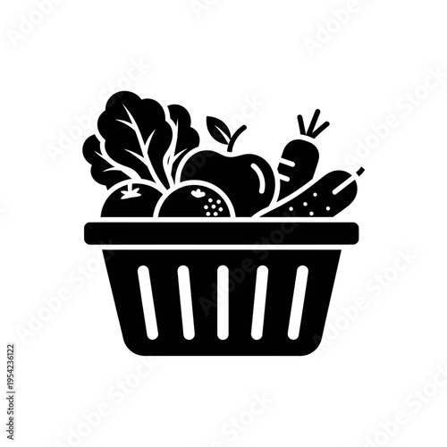 A simple black silhouette icon of a shopping basket filled with fresh fruits and vegetables, representing healthy food and groceries