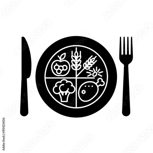 Healthy Eating Plate Icon Representing Balanced Diet and Food Groups for Optimal Nutrition and Wellness in a Simple Glyph Design