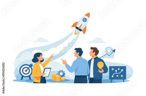 A strategic startup journey scene where founders align vision resources and execution to achieve long term success, highlighting leadership and clear direction in building a