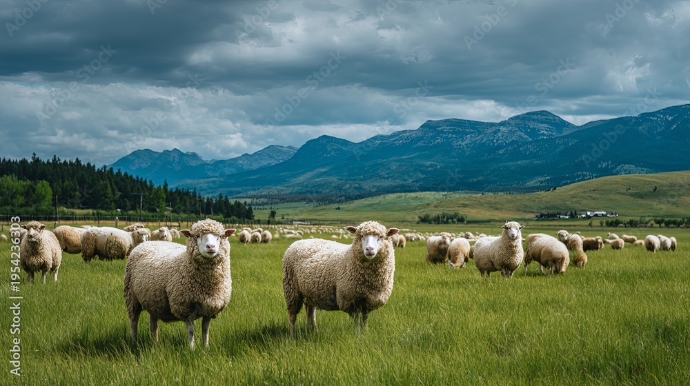 Fototapeta premium A flock of sheep grazing in a lush green meadow with mountains in the background under a cloudy sky