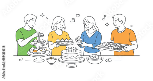 A group of people arranging and enjoying a dessert table at a social gathering, presenting a variety of sweet treats in an organized and visually appealing way, symbolized by a