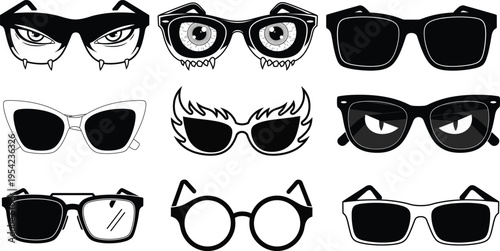 Creative vector illustration of stylish sunglasses collection with funky, cartoon, monster, and fashion eyewear designs set