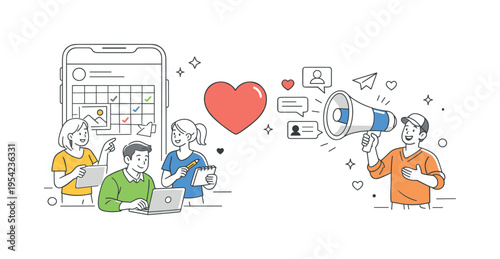 A content strategy collaboration where people organize posts and schedule campaigns designed to build engagement and connect with online communities, visual metaphor of a