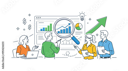 A business analytics team examining company performance and identifying new opportunities for growth in a collaborative workspace, using a clear visual metaphor of a large