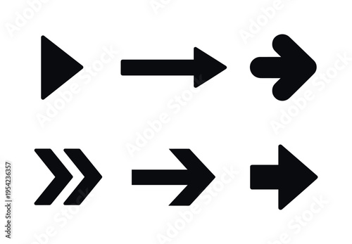 Abstract directional arrows: thick arrow pointer, triangular arrowhead, long straight arrow, rounded arrow pointer, arrow with tail line, arrow chevron shape, double chevron arrow