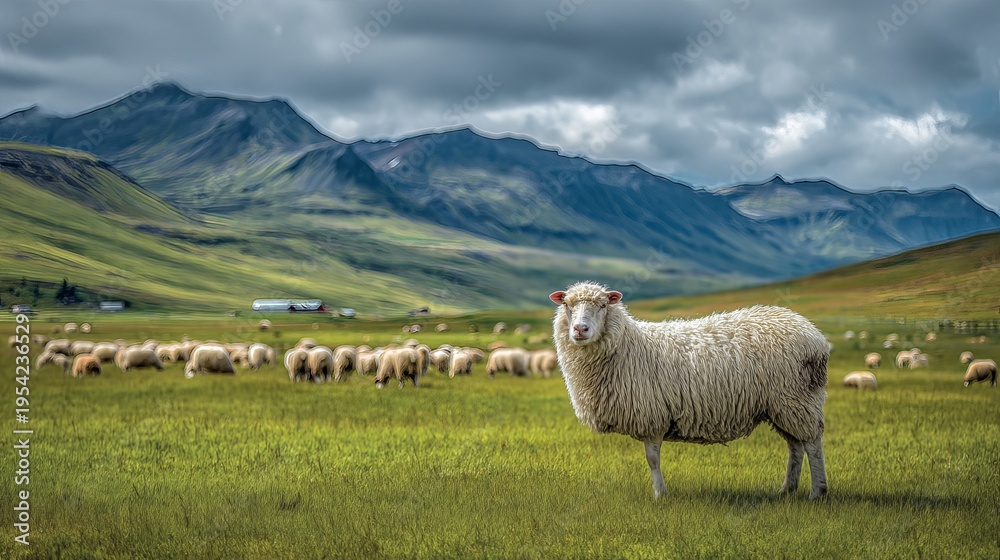 Fototapeta premium A flock of sheep graze in a lush green meadow with a majestic mountain range in the background under a cloudy sky.