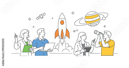 A group of professionals exploring space missions and scientific discovery in a conceptual environment focused on research and innovation, illustrating human curiosity and