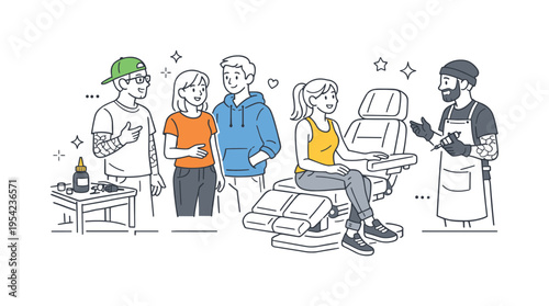 Tattoo studio workspace illustration where a small group of people interacts near a professional tattoo chair and a simple ink bottle placed on a small workstation, using the chair