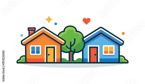 Neighborhood harmony and balanced urban living focused on community connection and residential well-being, two simple houses with pitched roofs placed side by side with a small