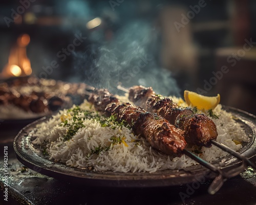 Dimly lit alley Mumbai fragrant basmati rice serf side dish flavorful goat meat kebab known seekh kebab clean professional stock photo sharp macro photography style cinematic realism ultra